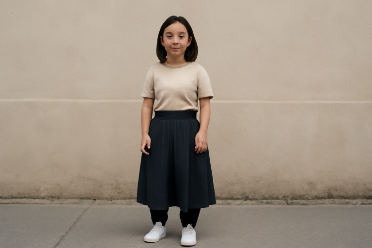 femme petite portant jupe midi et pantalon