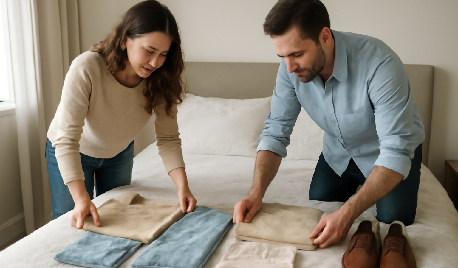 personnes préparant tenues sur un lit