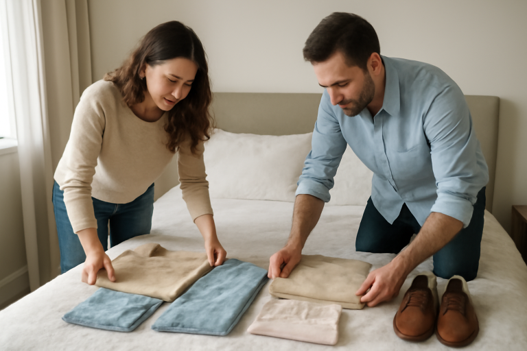 personnes préparant tenues sur un lit