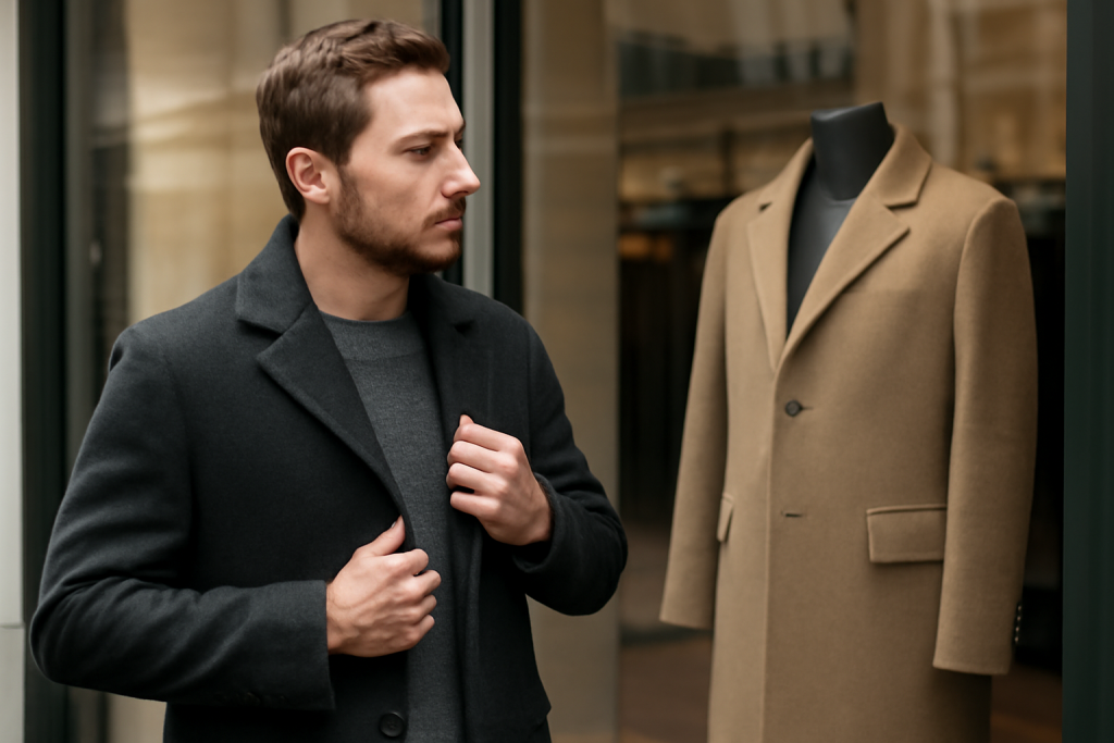 homme essayant manteau devant vitrine