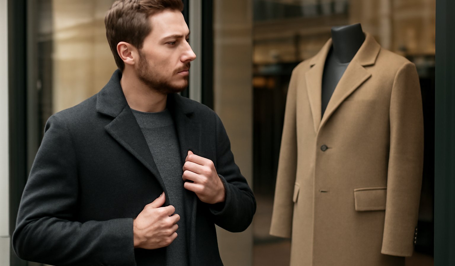 homme essayant manteau devant vitrine