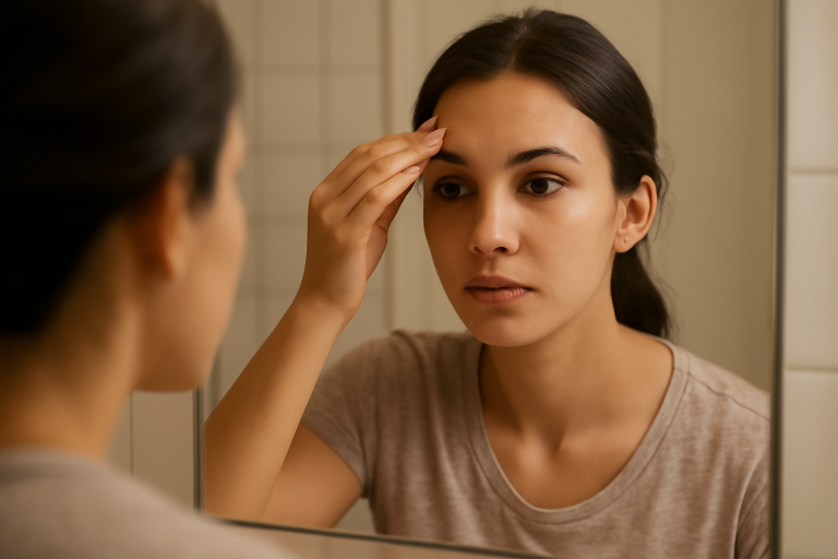 personne retouchant sa zone T au miroir