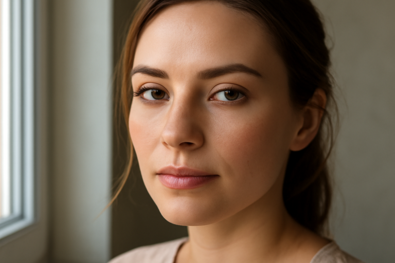visage maquillé léger éclairé par fenêtre