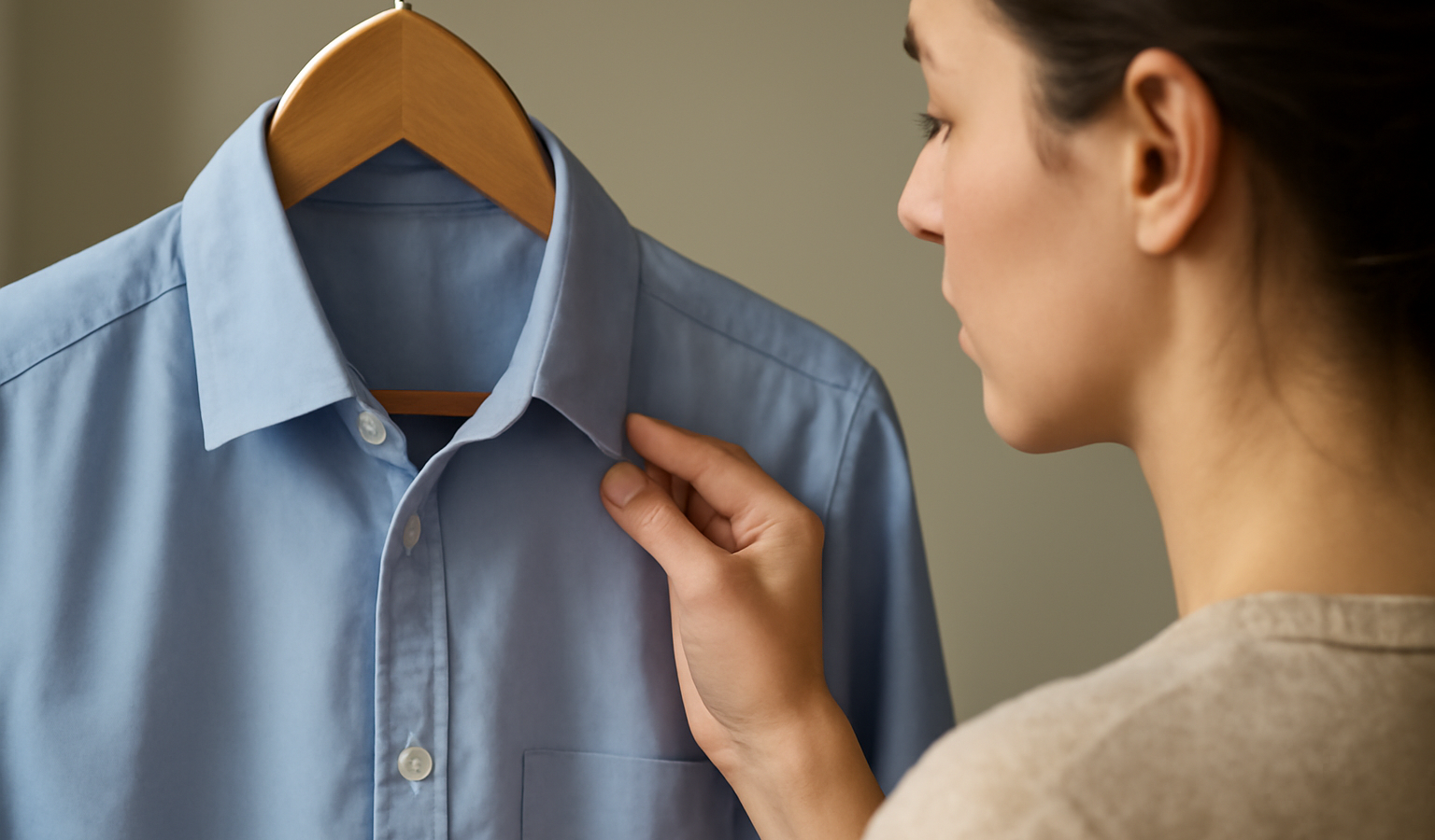 personne examinant épaule d'une chemise sur cintre
