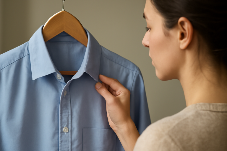 personne examinant épaule d'une chemise sur cintre