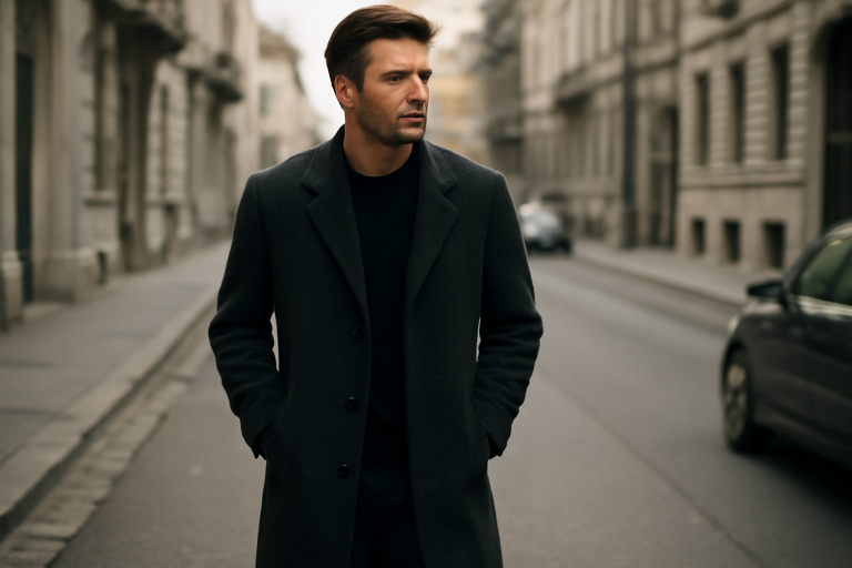 homme portant un manteau long en ville