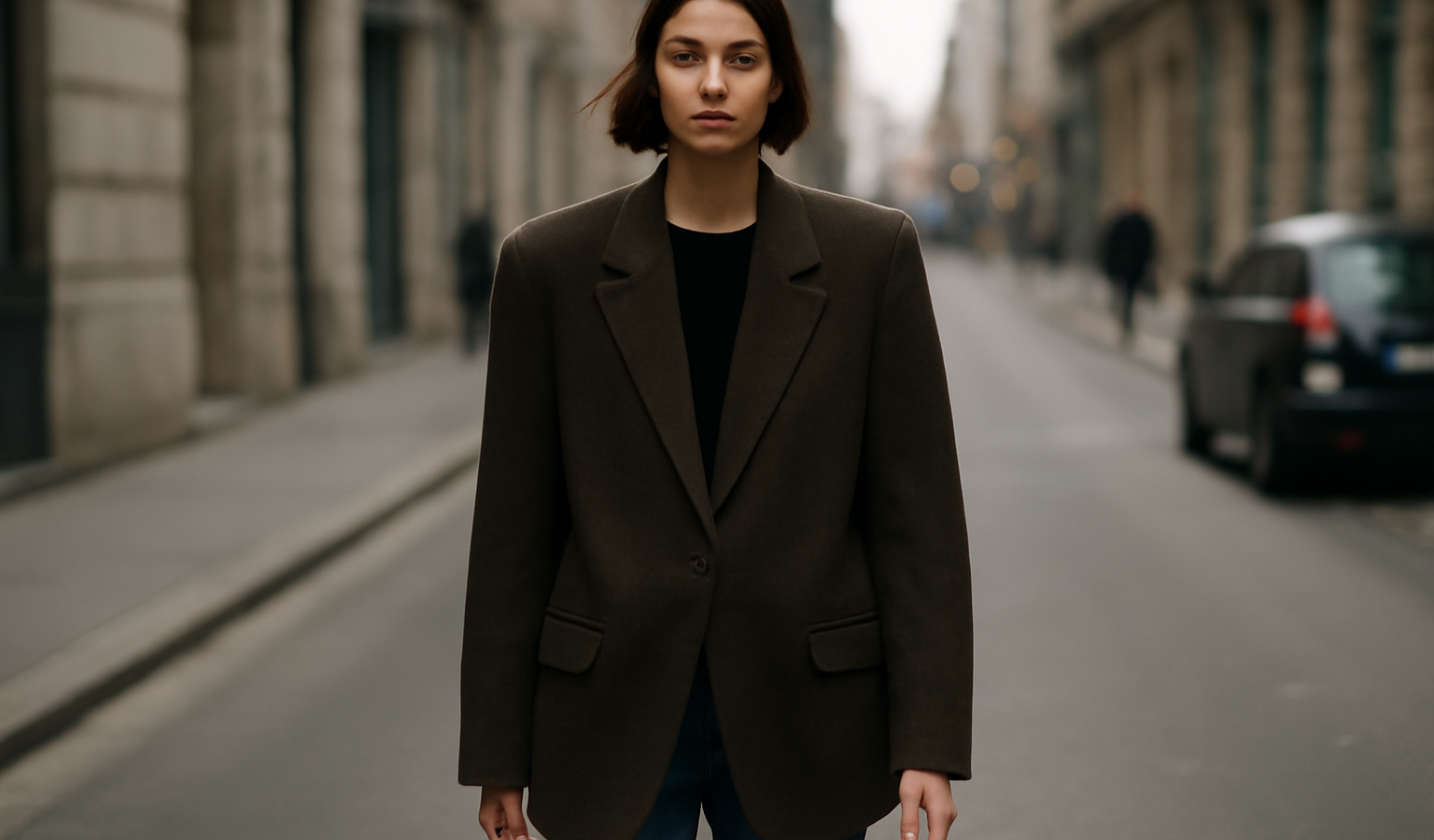 personne fine portant veste oversize en ville