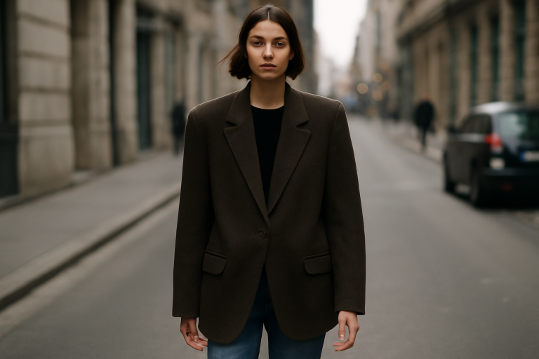 personne fine portant veste oversize en ville