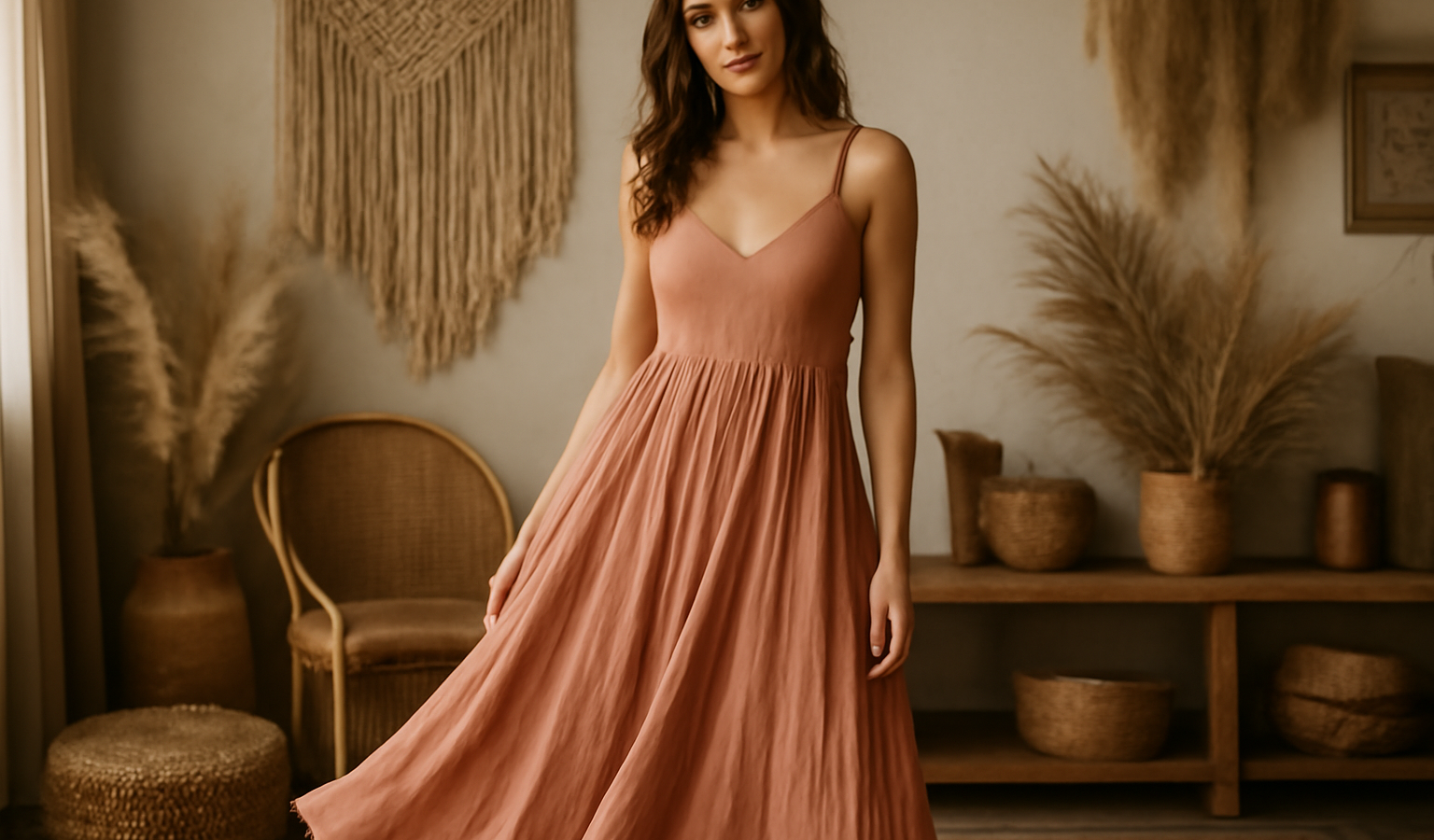 femme en robe fluide dans un decor bohème