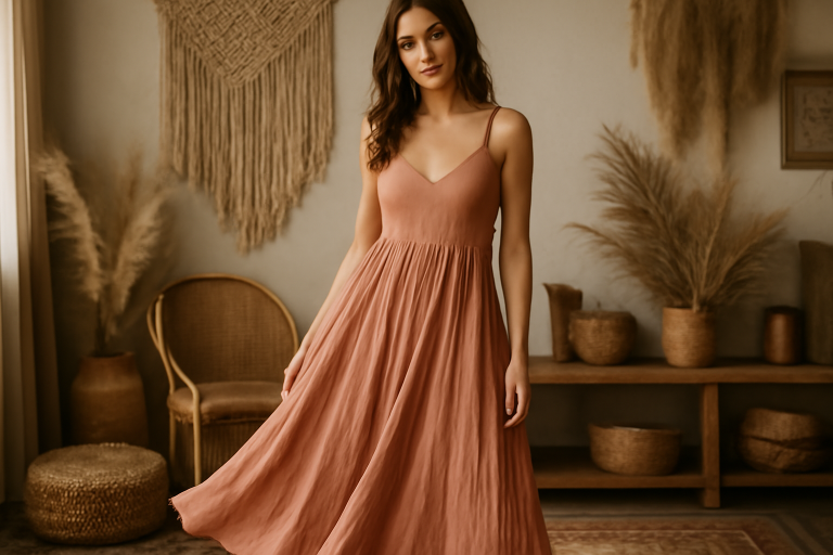 femme en robe fluide dans un decor bohème