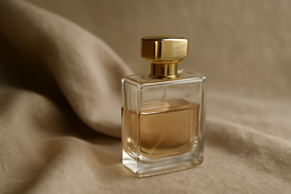flacon de parfum pose pres d'un tissu