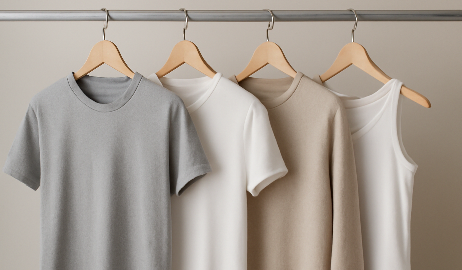 vetements basiques suspendus sur cintres neutres