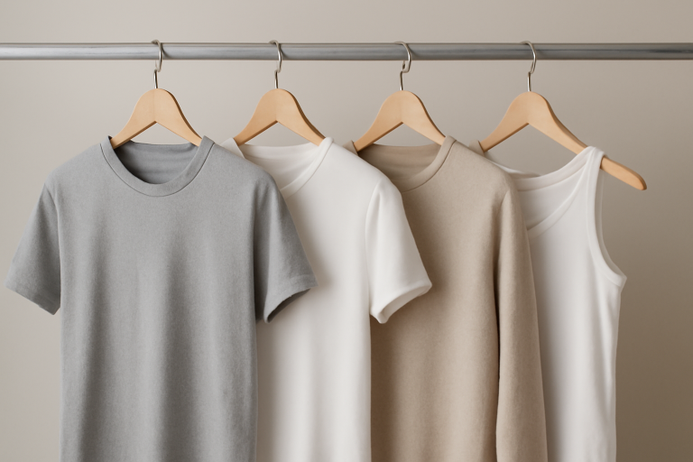 vetements basiques suspendus sur cintres neutres