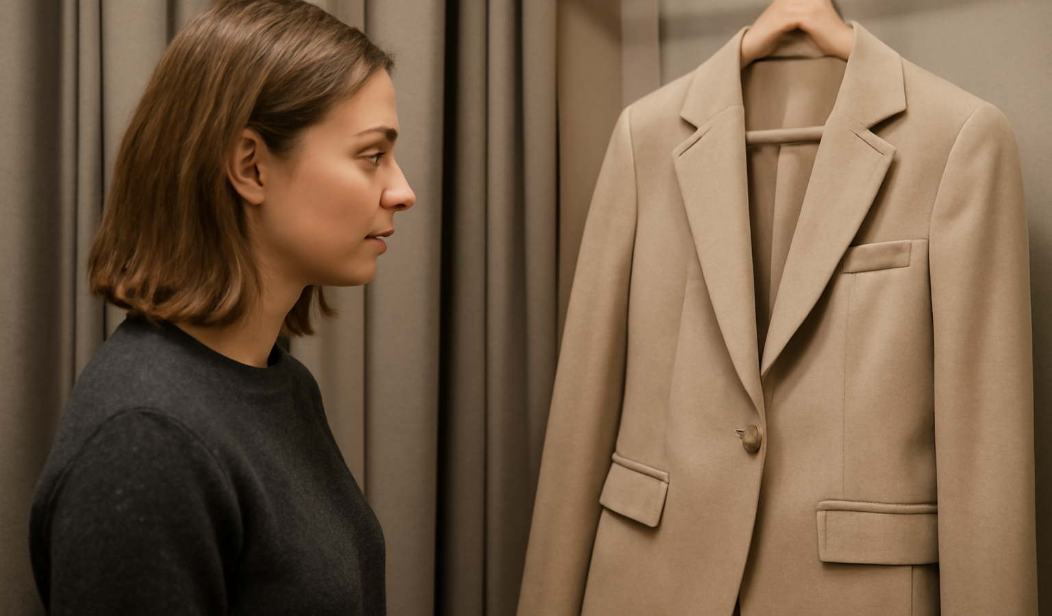personne regardant une veste structurée en cabine