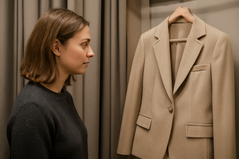 personne regardant une veste structurée en cabine