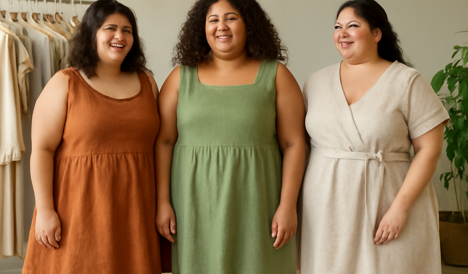 femmes rondes essayant robes écologiques