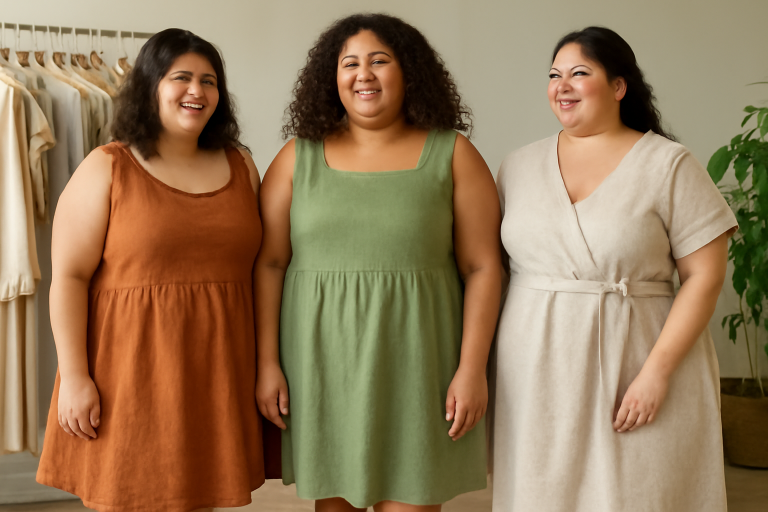 femmes rondes essayant robes écologiques