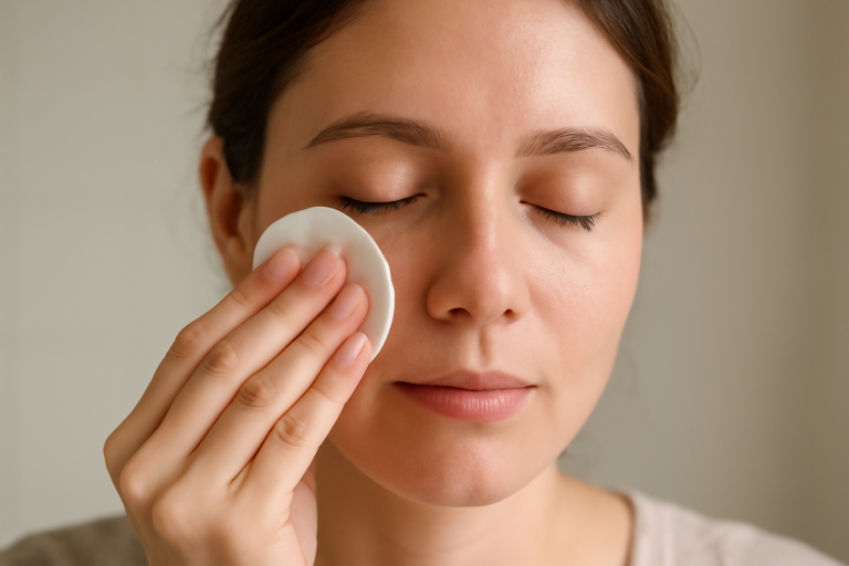 personne nettoyant visage avec coton doux