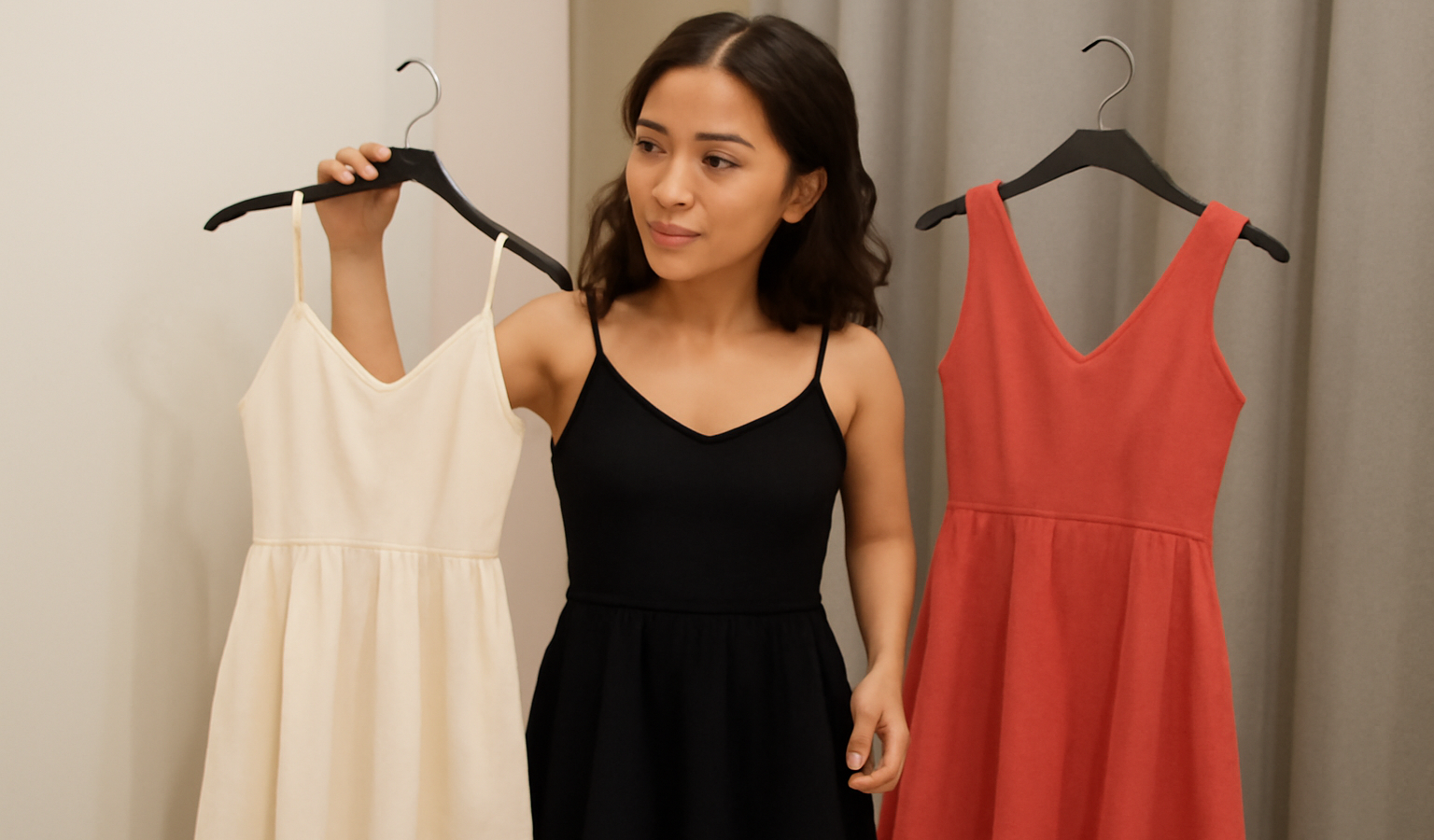 femme petite essayant deux robes différentes