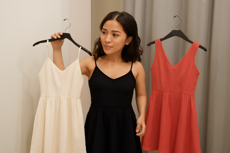 femme petite essayant deux robes différentes