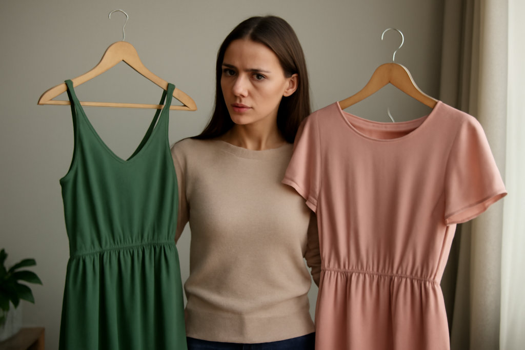 femme comparant deux robes suspendues
