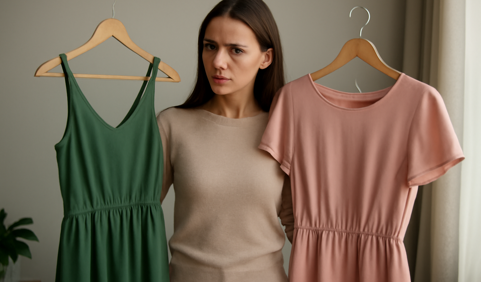 femme comparant deux robes suspendues
