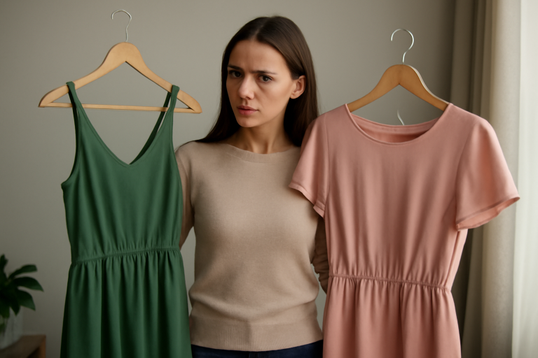 femme comparant deux robes suspendues