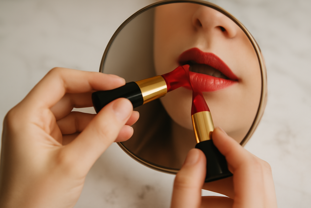 mains appliquant rouge a lèvres sur miroir