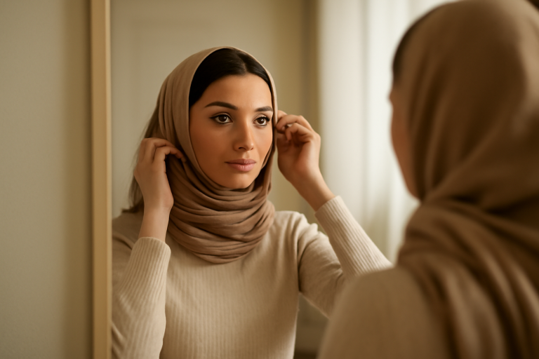 femme ajustant foulard devant miroir