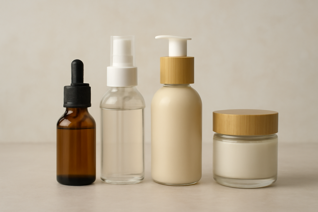flacons de soins naturels alignés sur plan