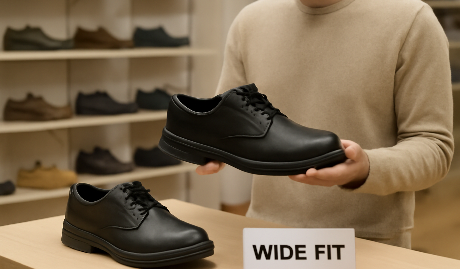 personne essayant des chaussures larges au comptoir