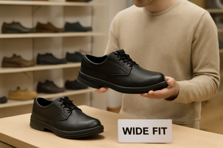 personne essayant des chaussures larges au comptoir