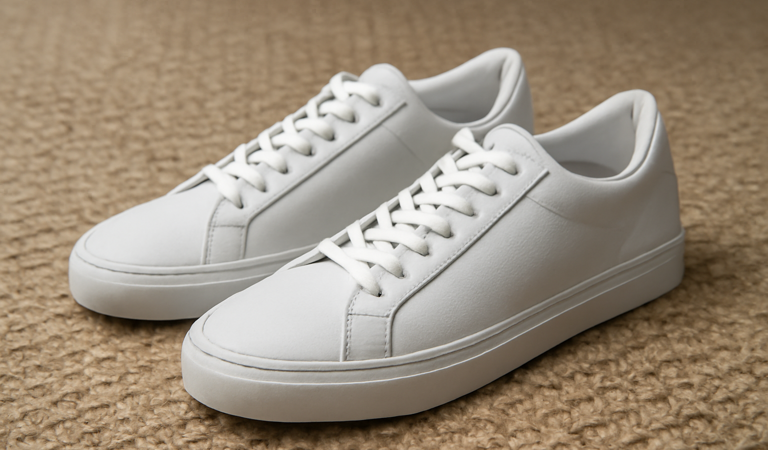 paire de baskets blanches posée sur tapis