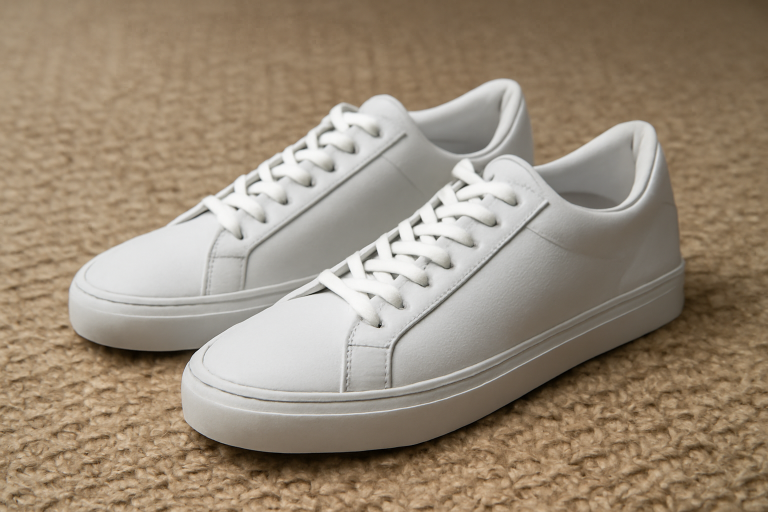 paire de baskets blanches posée sur tapis
