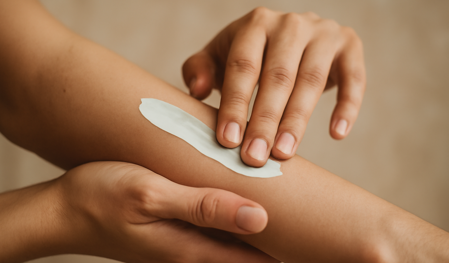 mains appliquant une crème sur l'avant-bras