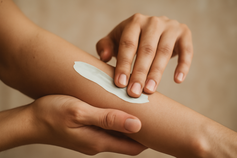 mains appliquant une crème sur l'avant-bras