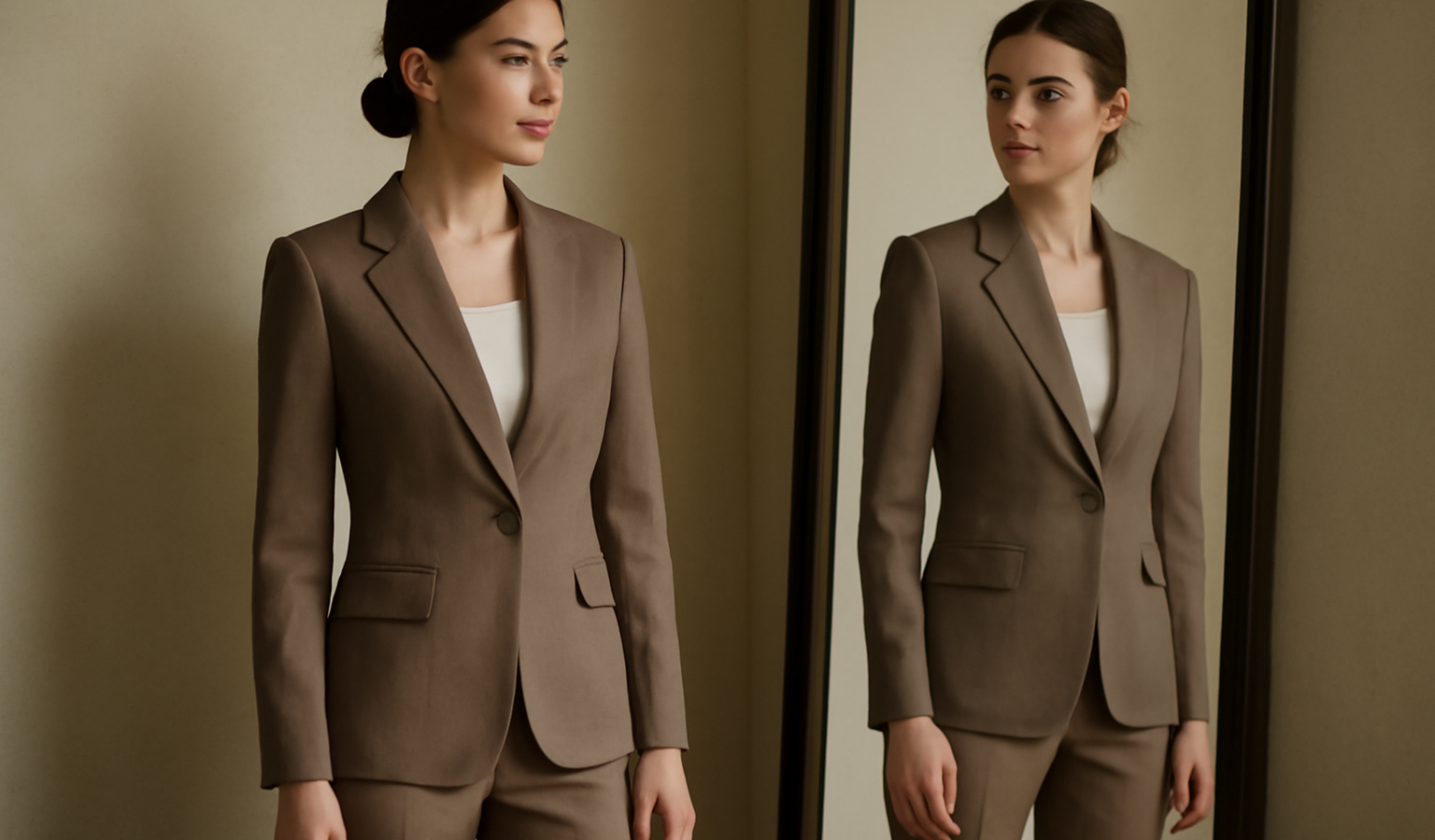 femme portant tailleur élégant devant miroir