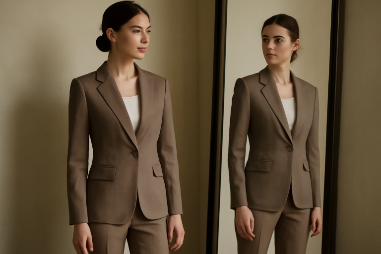 femme portant tailleur élégant devant miroir