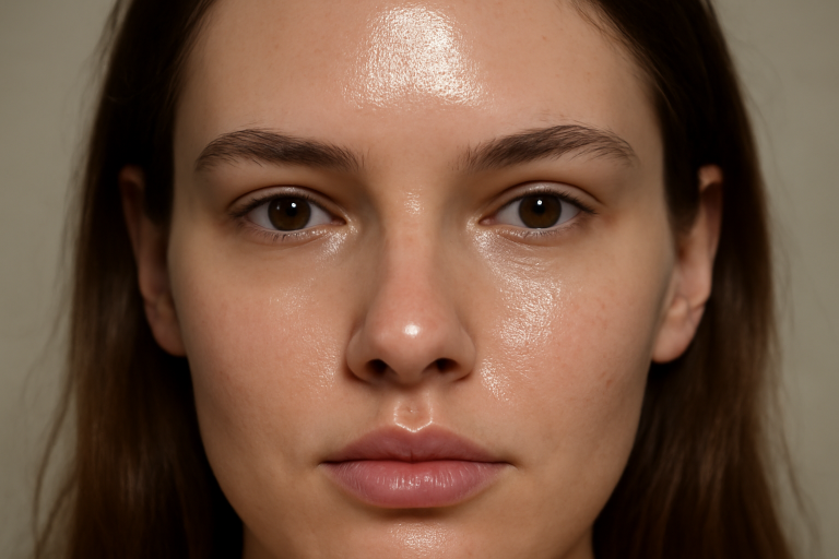 visage montrant brillance sur front et nez