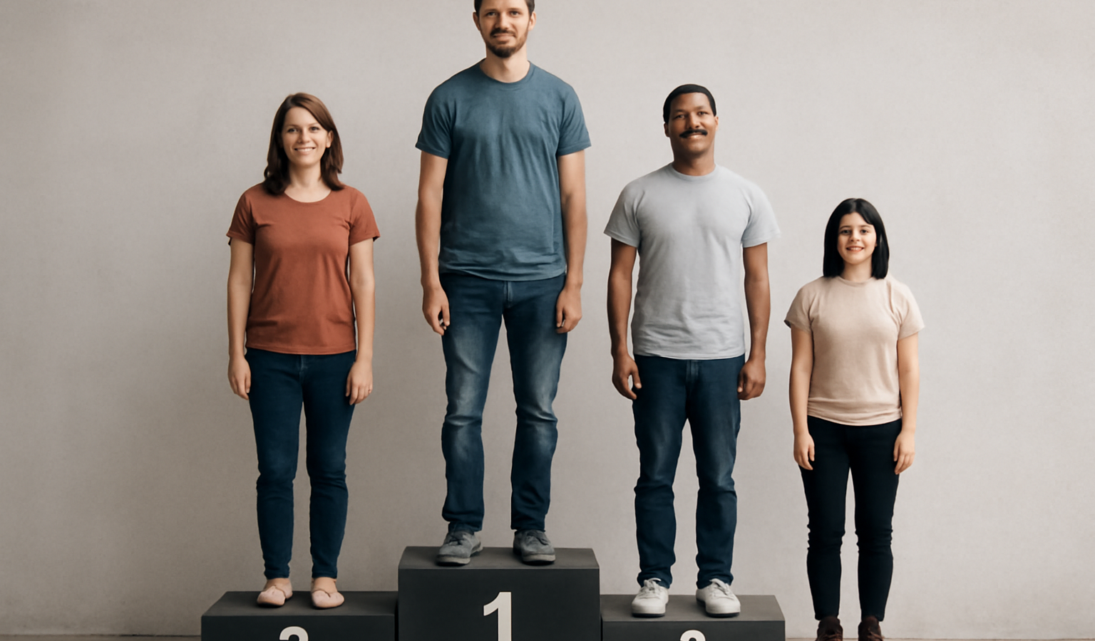 personnes de tailles variees sur un podium