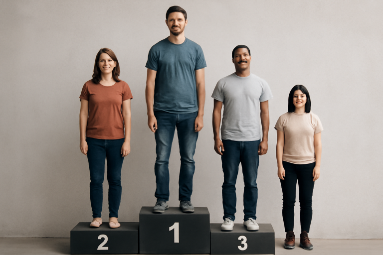 personnes de tailles variees sur un podium