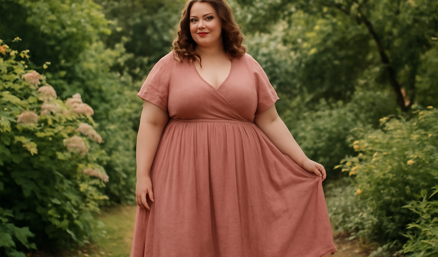 femme ronde portant robe fluide dans jardin