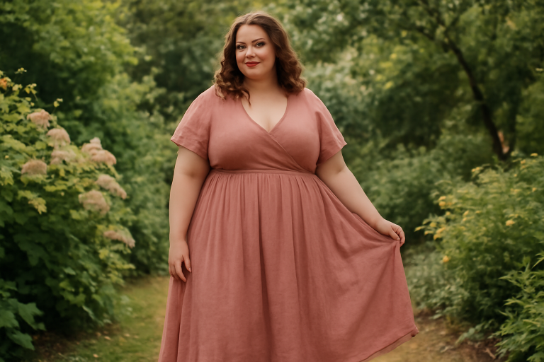 femme ronde portant robe fluide dans jardin