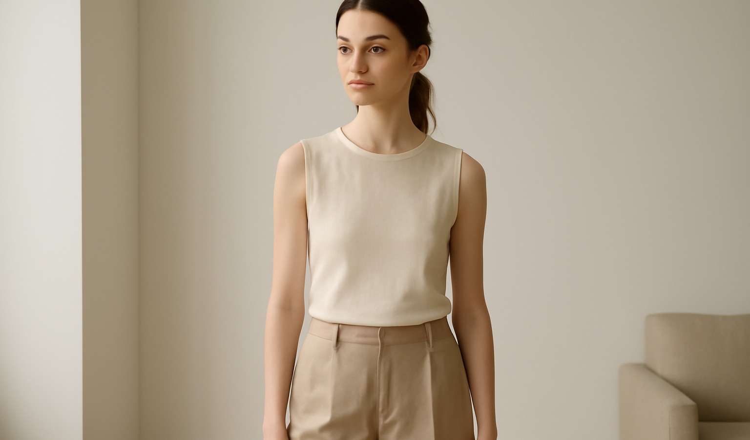 femme portant tenue minimaliste en intérieur