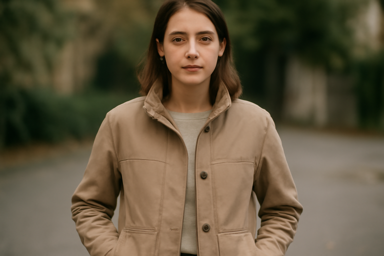 femme portant une veste mi-saison neutre