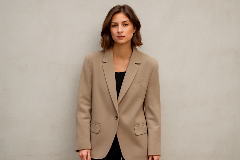 femme portant veste large posant devant mur