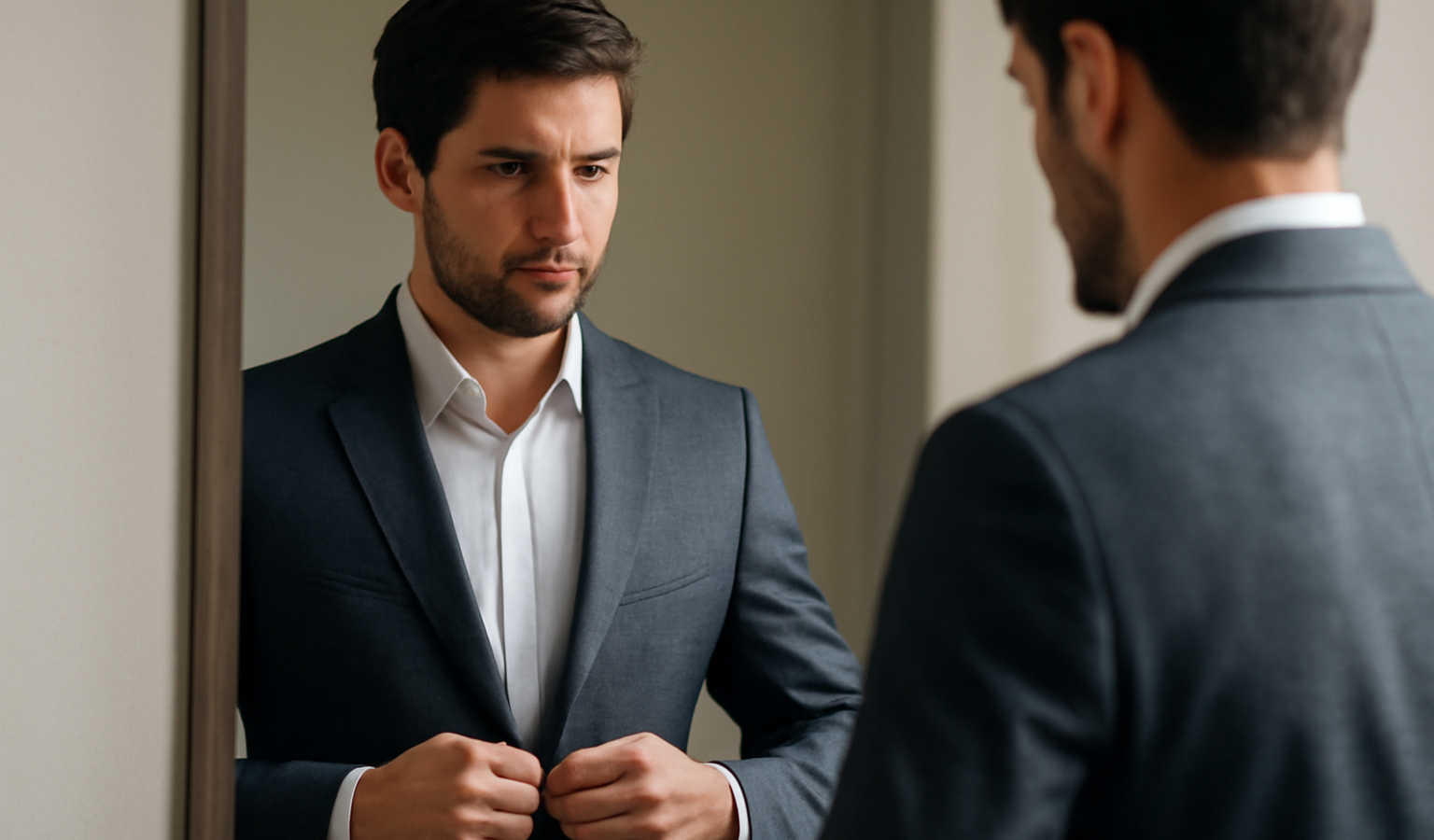 homme ajustant une veste devant un miroir