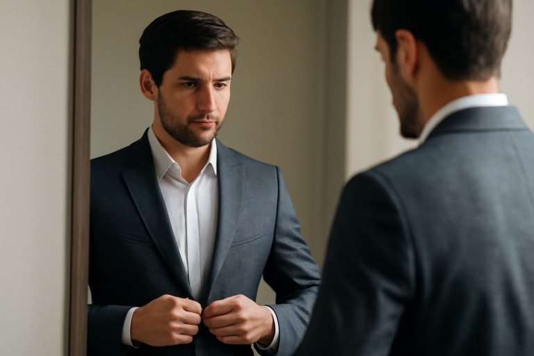 homme ajustant une veste devant un miroir