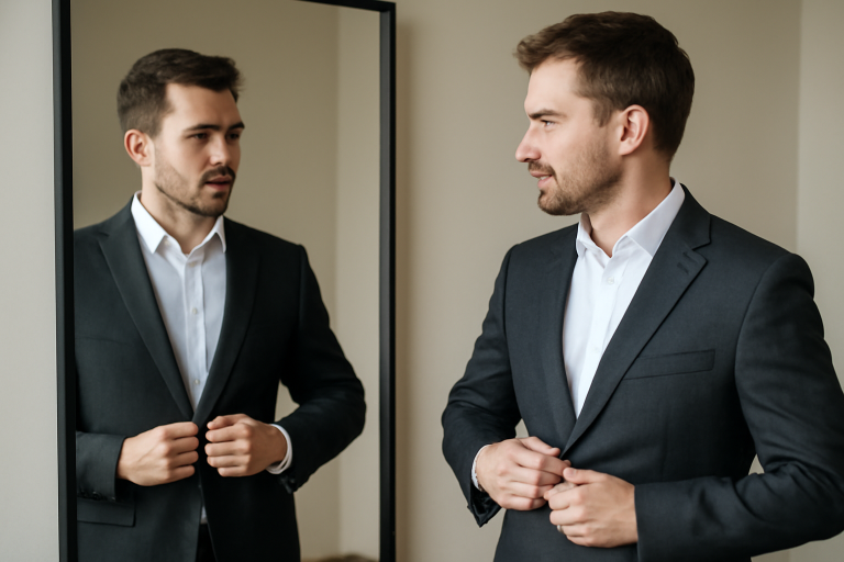 homme essayant un veston ajuste devant miroir