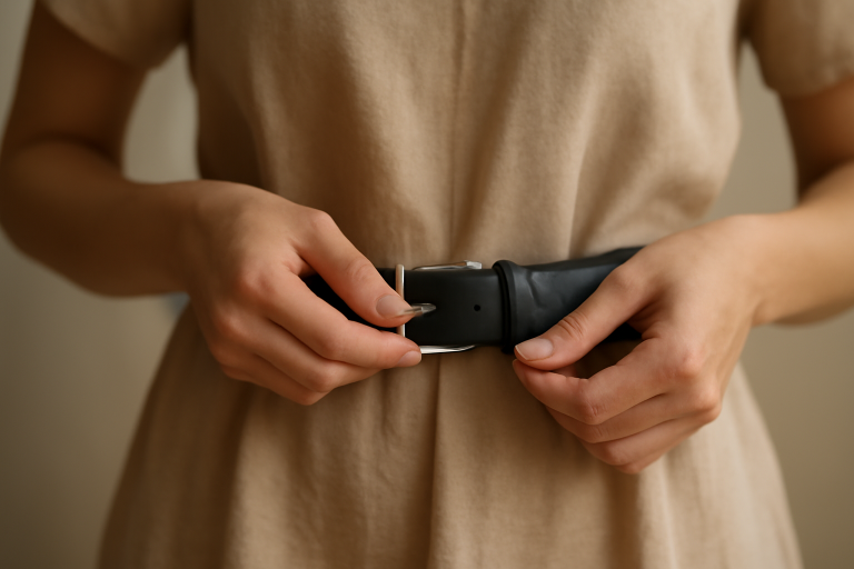 mains ajoutant une ceinture sur robe droite